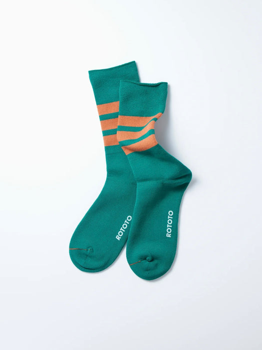 Rototo Fine Pile Stripe Socks in Green & Orange