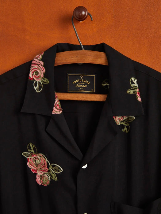 Portuguese Flannel Embroidered Roses Shirt in Black