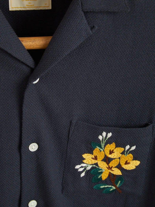 Portuguese Flannel Pique Shirt in Navy with Embroidered Flowers