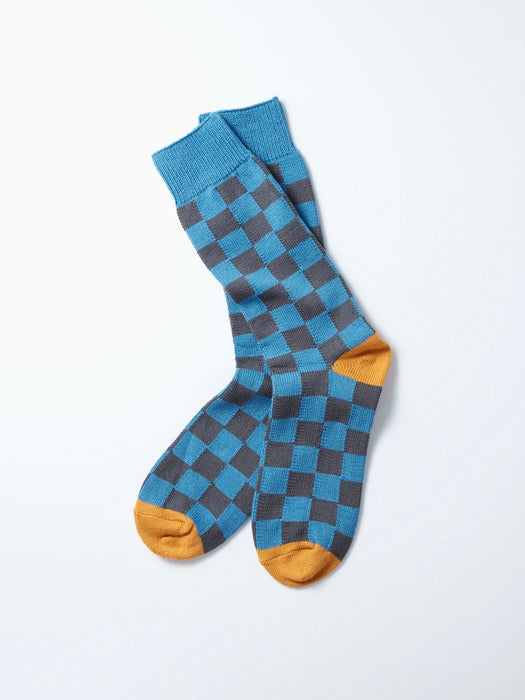 Rototo Chequerboard Socks in Light Blue & Grey