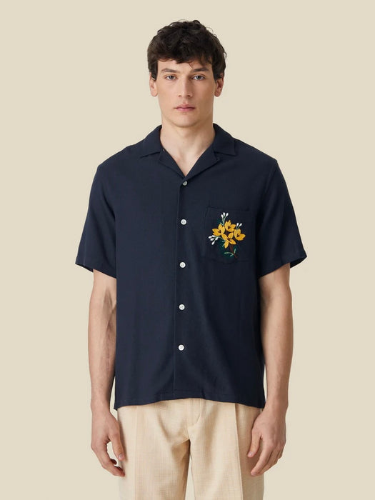 Portuguese Flannel Pique Shirt in Navy with Embroidered Flowers