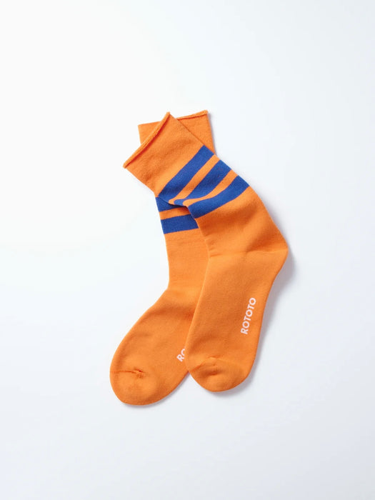 Rototo Fine Pile Stripe Socks in Orange & Blue