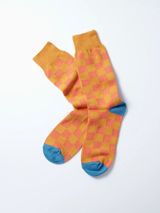Rototo Chequerboard Socks in L.Orange & Terracota