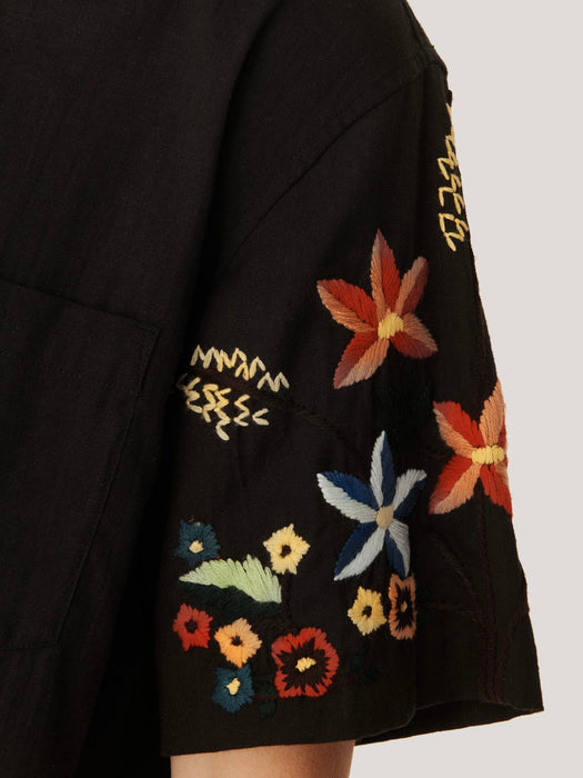 YMC Idris Shirt in Black w/ Floral Embroidery
