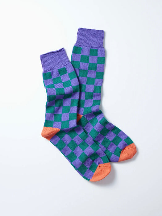 Rototo Chequerboard Socks in Purple & Green