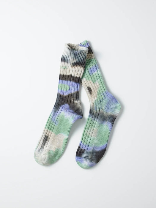Rototo Chunky Rib Tie-Dye Socks in Black / Mint