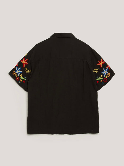 YMC Idris Shirt in Black w/ Floral Embroidery