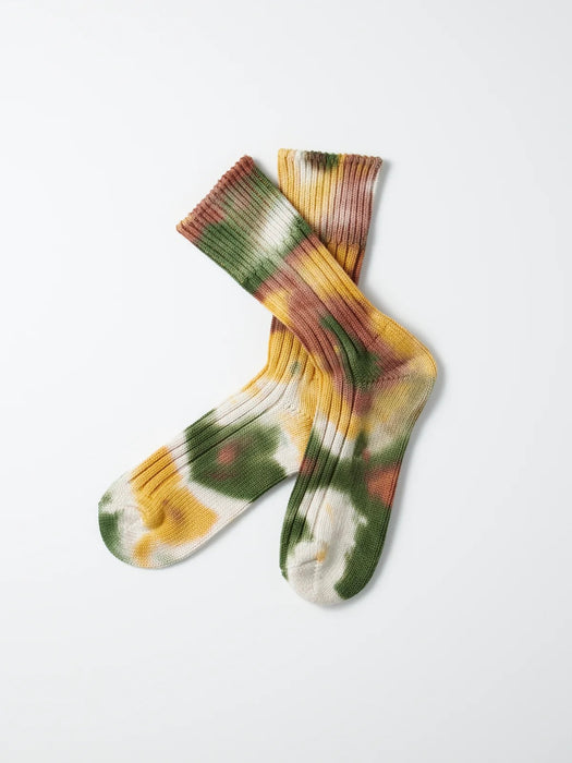 Rototo Chunky Rib Tie-Dye Socks in Green / Gold