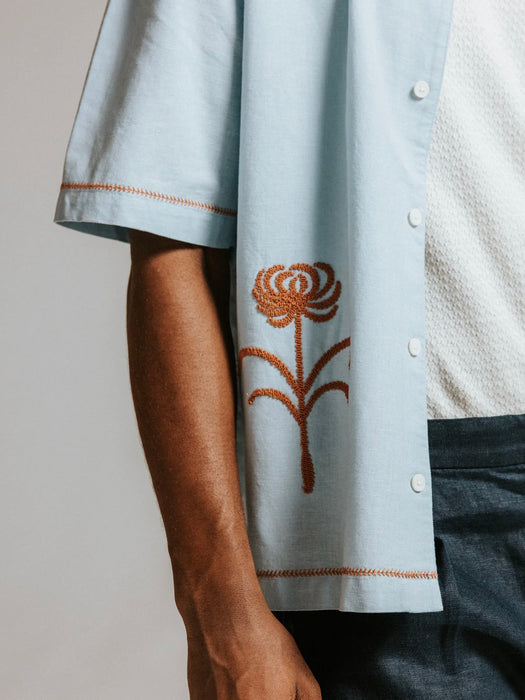 Wax Keats Dahlia Embroidery Shirt in Light Blue / Rust