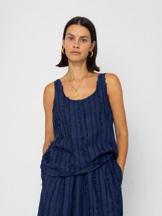 Folk Women Pleated Scoop Back Vest in Dark Navy Cutwork