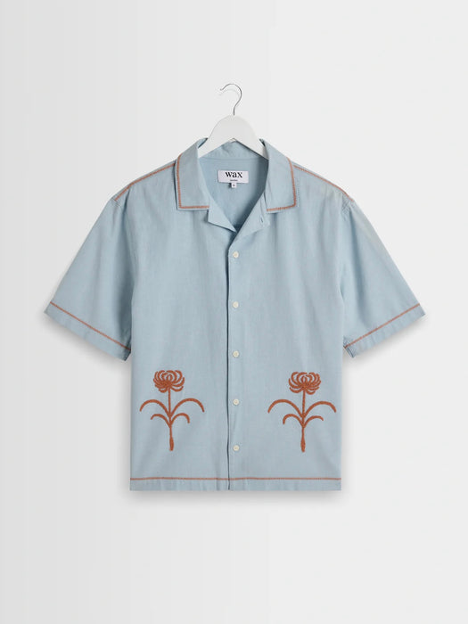 Wax Keats Dahlia Embroidery Shirt in Light Blue / Rust
