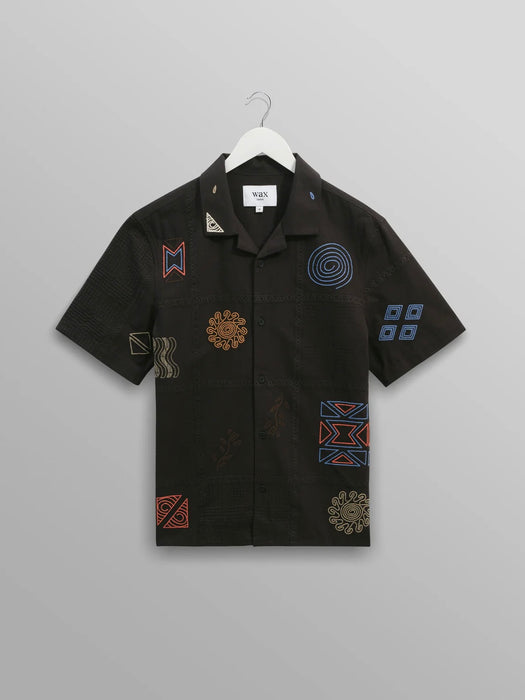 Wax Didcot SS Shirt in Navy Multi Doodle Embroidery