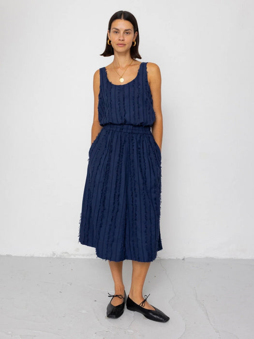 Folk Women Full Seam Skirt in Dark Navy Cutwork Stripe