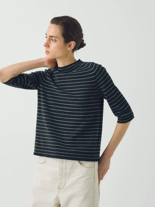 Toast Women Wool Cashmere Half Sleeve Sweater in Navy/Camel Fine Stripe