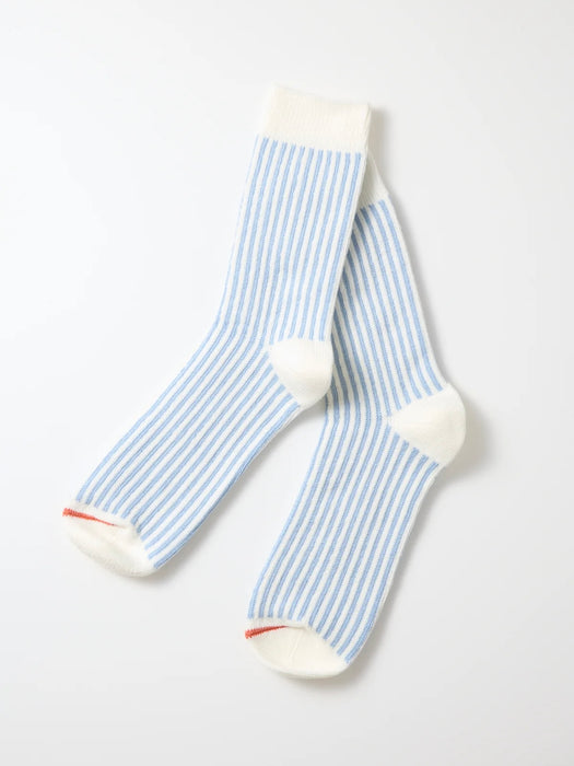 Rototo Vertical Stripe Socks in White / L. Blue