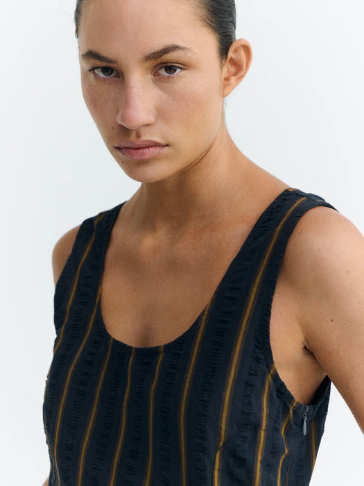 Thinking Mu Rafflesia Jumpsuit in Portbou Seersucker Stripes