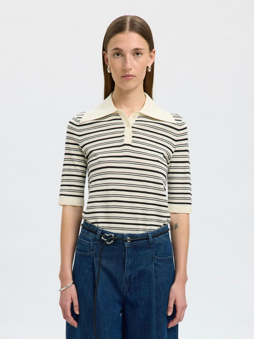 Selected Femme Thea Merino Collar Top in Snow White / Black