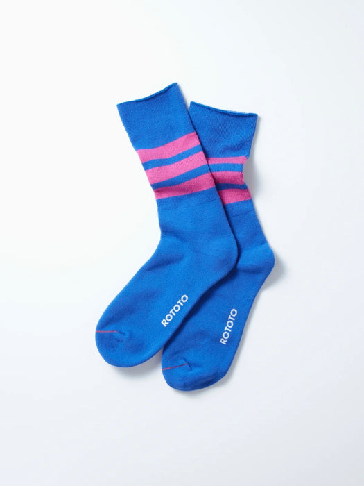 Rototo Fine Pile Stripe Socks in Blue & Pink