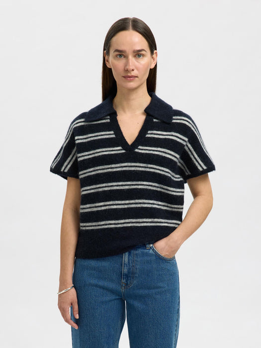 Selected Femme Lulu Knitted Polo in Dark Sapphire / Light Grey