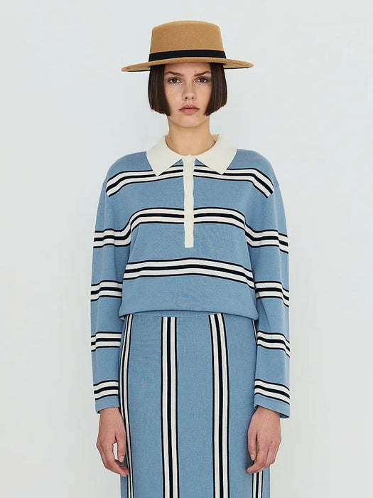 The Tiny Big Sister Stripes Knitted Polo in Blue