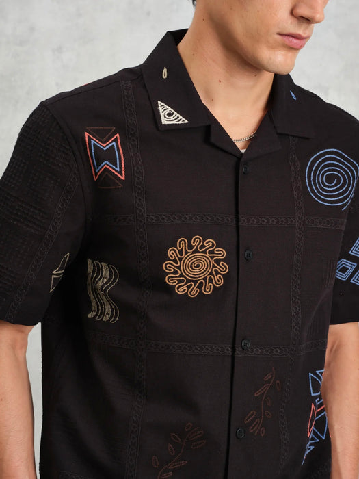 Wax Didcot SS Shirt in Navy Multi Doodle Embroidery