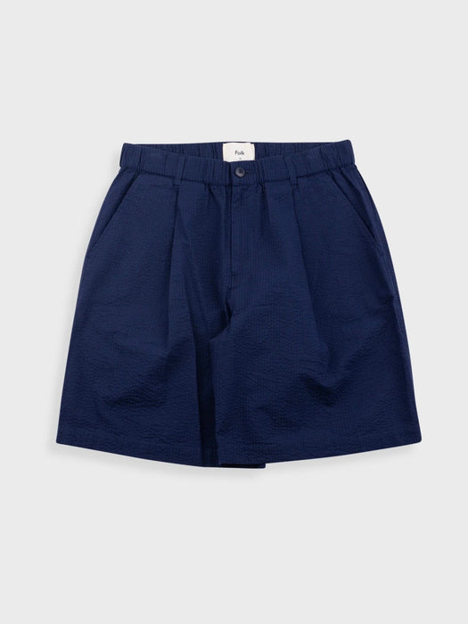 Folk Men Elasticated Wide Short in Navy Crinkle Stripe