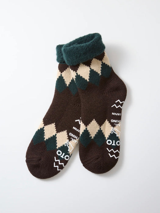 Rototo Diamond Comfy Room Sock in Green/Brown