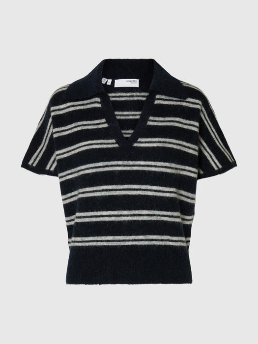 Selected Femme Lulu Knitted Polo in Dark Sapphire / Light Grey