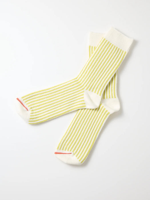 Rototo Vertical Stripe Socks in White / Lime