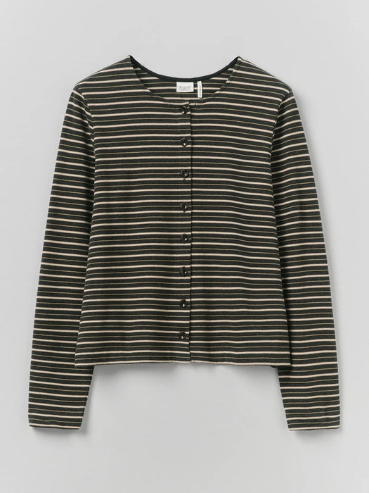 Toast Women Button Through Tee in Charcoal Multi Stripe