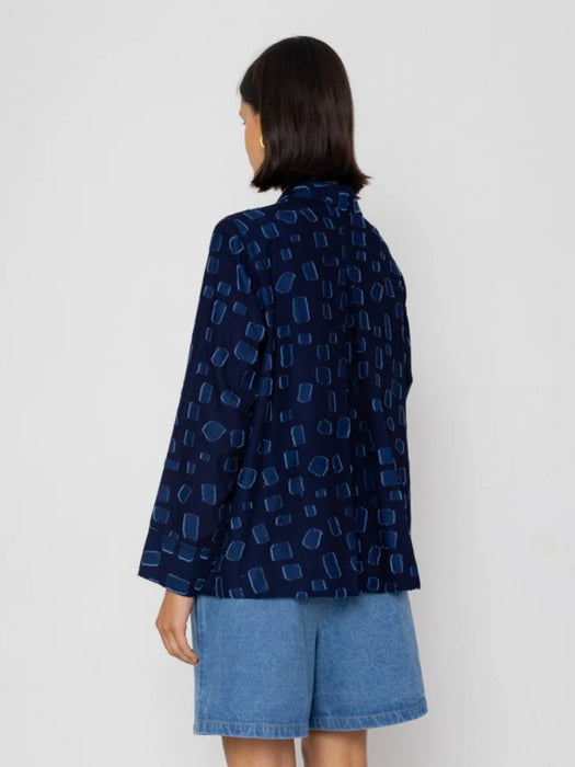 Folk Women Pleated Shirt in Indigo Irregular Dot