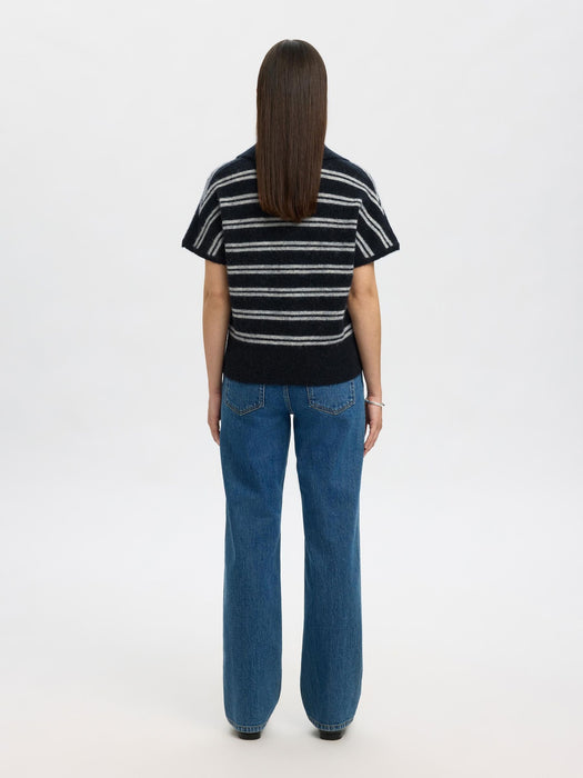 Selected Femme Lulu Knitted Polo in Dark Sapphire / Light Grey