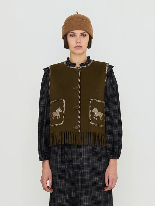 The Tiny Big Sister Horses Embroidered Vest in Dark Khaki