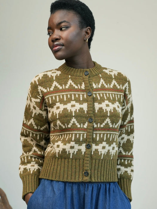 Beaumont Organic Sugi-Sue Fairisle Cardigan in Olive Marl