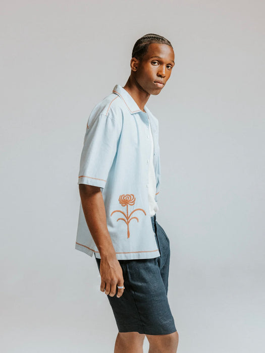 Wax Keats Dahlia Embroidery Shirt in Light Blue / Rust