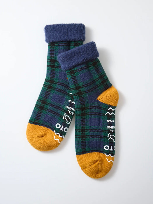 Rototo Check Comfy Room Sock in Navy Green