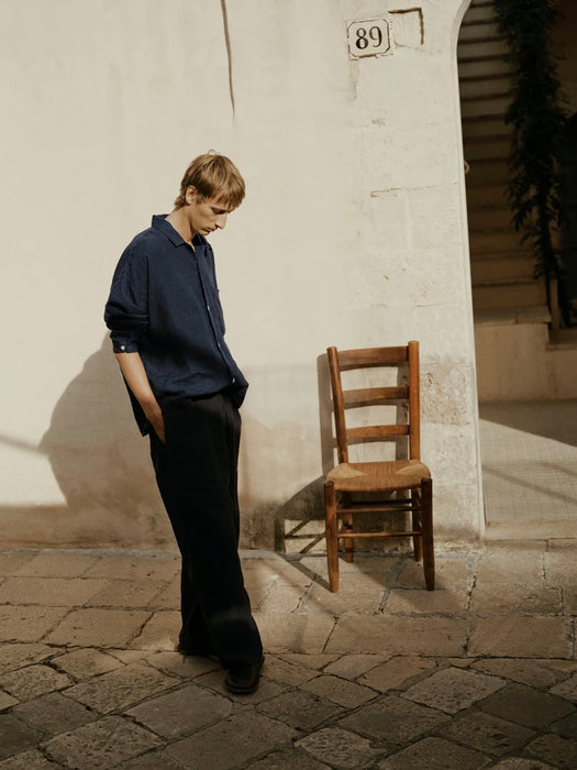 Toast Men Garment Dyed Drawstring Linen Trousers in Blueberry