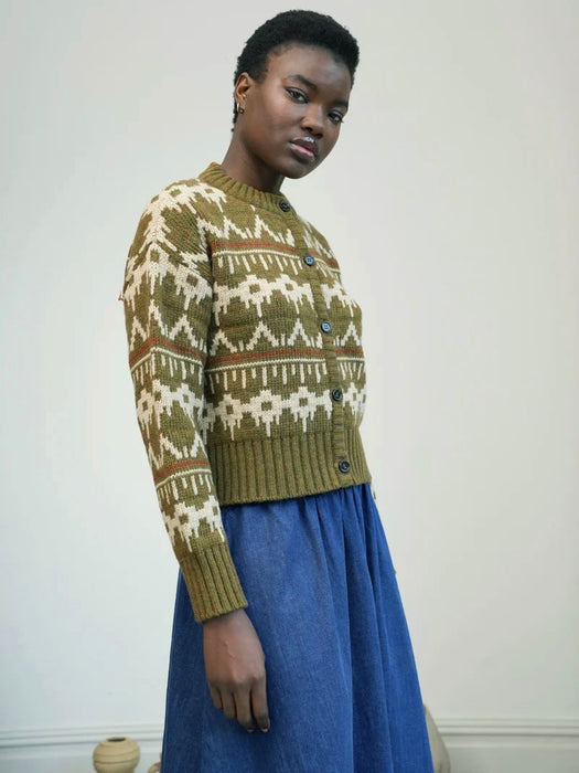 Beaumont Organic Sugi-Sue Fairisle Cardigan in Olive Marl