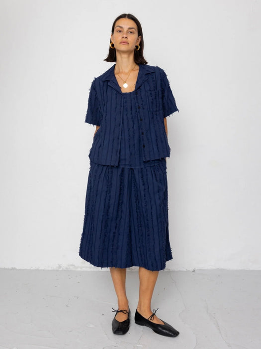Folk Women Full Seam Skirt in Dark Navy Cutwork Stripe