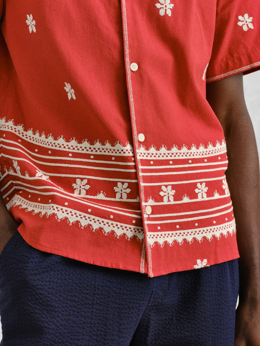 Wax Didcot Shirt in Red / Ecru Daisy Embroidery