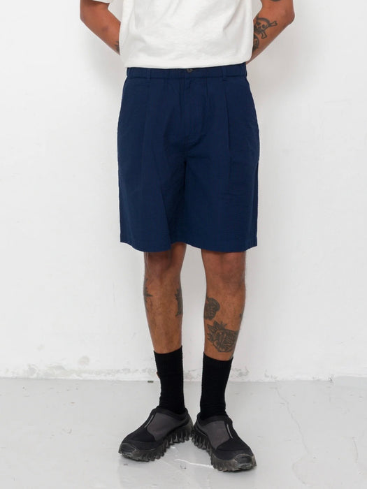 Folk Men Elasticated Wide Short in Navy Crinkle Stripe