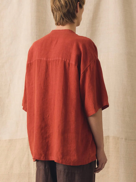 Toast Men Grandad Collar Linen Shirt in Sun-dried Tomato
