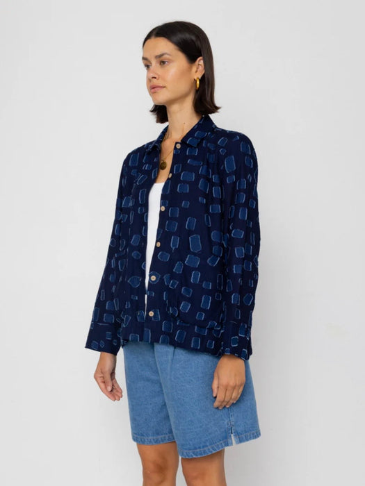 Folk Women Pleated Shirt in Indigo Irregular Dot
