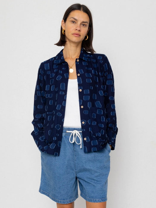 Folk Women Pleated Shirt in Indigo Irregular Dot