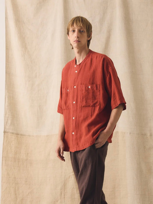 Toast Men Grandad Collar Linen Shirt in Sun-dried Tomato