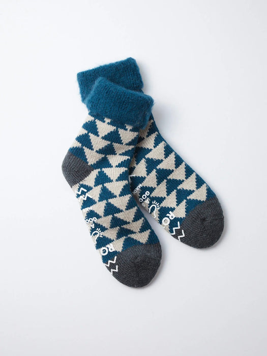 Rototo Comfy Room Socks in Blue Green & Charcoal 'Sankaku'