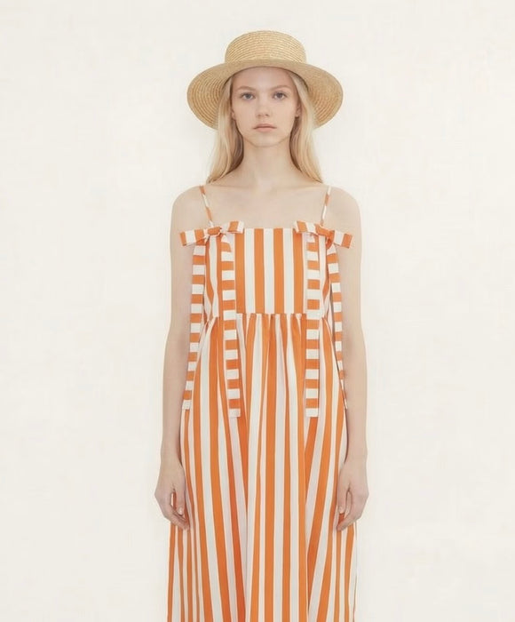 The Tiny Big Sister Striped Bows Dress in Summer Red