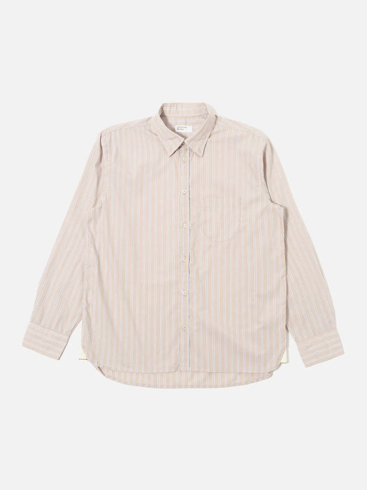 Universal Works Lazy Day Shirt in Sand Urban Stripe