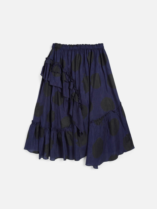 YMC Women Draped Skirt in Black/Blue Bleeding Polka-dot
