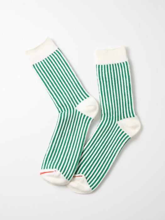 Rototo Vertical Stripe Socks in White / Green